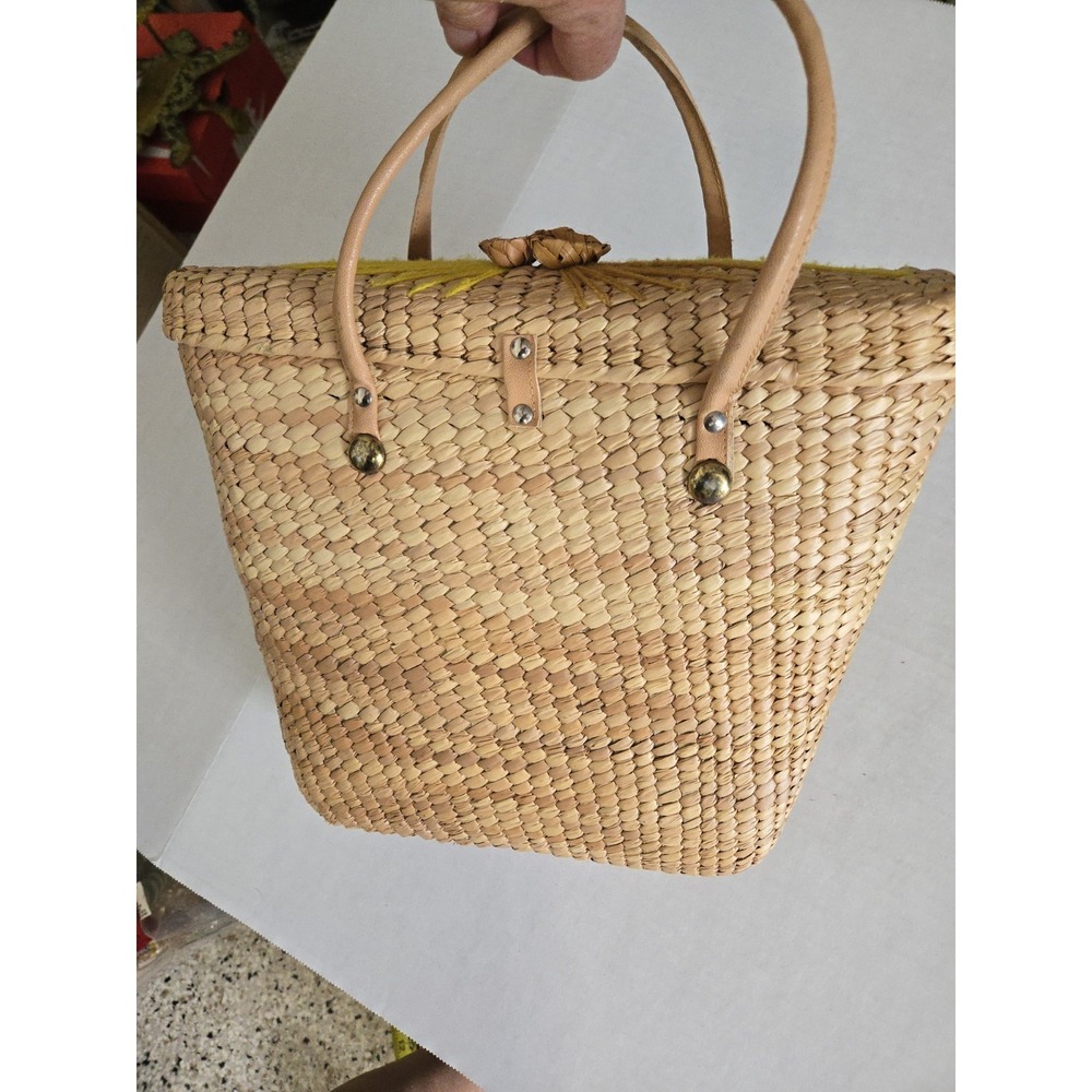 Vtg 1970s Woven Straw Leather Handbag 3D Flower Yarn Leaves MCM Boho Yellow Tan - Picture 6 of 13
